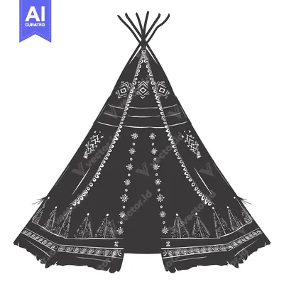 Premium design asset: Black and White Illustration of a Native American Teepee with Detailed