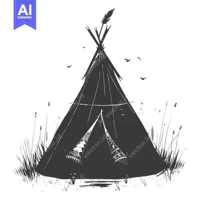 Aset desain premium: A Black and White Illustration of a Teepee in Grass with Birds Flying