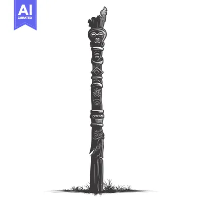 Aset desain premium: Ornate Totem Pole with Carved Human Face and Feathers