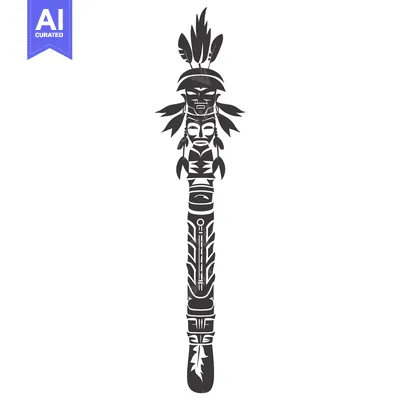Aset desain premium: Black and White Illustration of a Totem Pole with a Carved Face