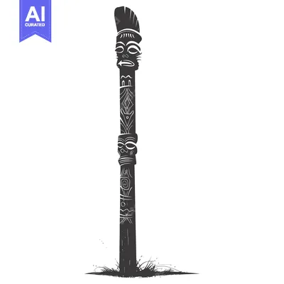 Aset premium populer: Carved wooden totem pole with two faces and geometric patterns