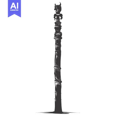 Aset desain premium: A Black and White Silhouette of a Tall Totem Pole with a Carved Figure