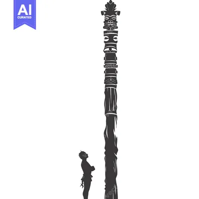 Premium design asset: Silhouette of a Man Gazing at a Tall Ornate Totem Pole