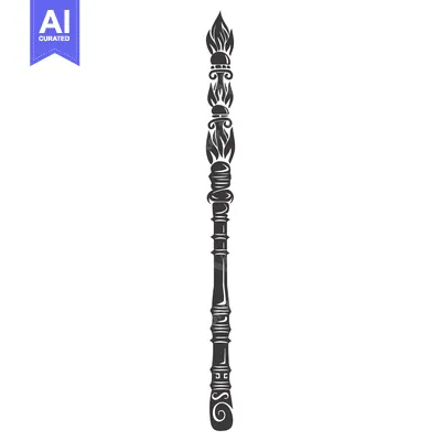 Aset premium populer: Ornate Black and White Illustration of a Flame-Topped Staff