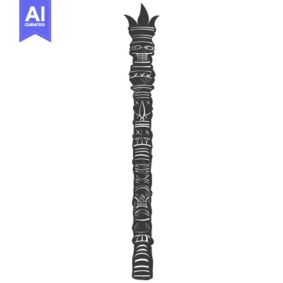 Premium design asset: A Black and White Illustration of a Carved Totem Pole with a Skull