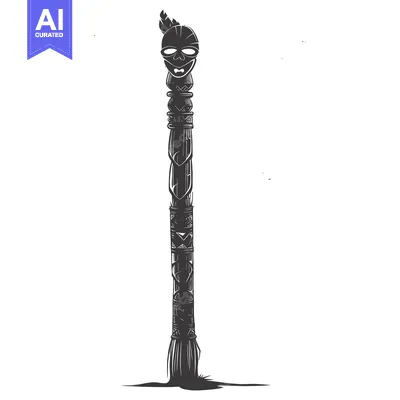 Aset desain premium: Tall Totem Pole with Carved Skull and Feather Decoration