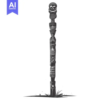 Aset desain premium: Carved Wooden Totem Pole with a Smiling Face at the Top