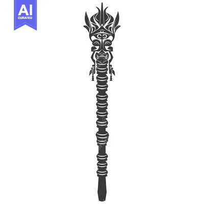 Aset premium populer: Ornate Tribal Staff with Carved Mask and Flame Design