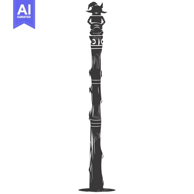 A black and white silhouette of a tall, slender tree with a goblin per