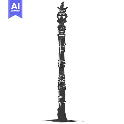 Premium design asset: Tall Totem Pole with Carved Face and Feather Decoration