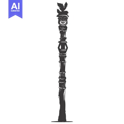 Aset premium populer: Carved Wooden Tiki Totem Pole with Face and Feathers
