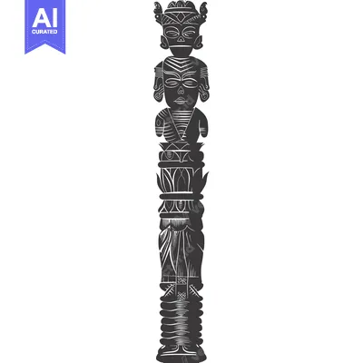 Aset desain premium: Black and White Illustration of a Totem Pole with Multiple Faces