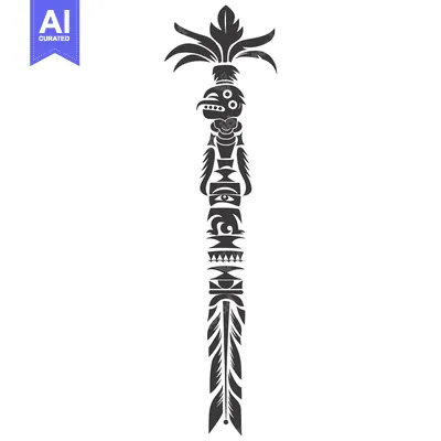 Premium design asset: Black and White Illustration of a Stylized Totem Pole with Bird Head