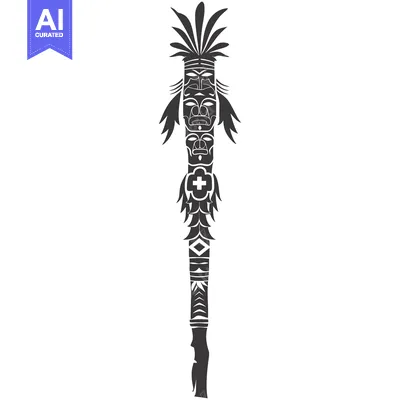 Premium design asset: Black and White Illustration of a Totem Pole with Carved Faces