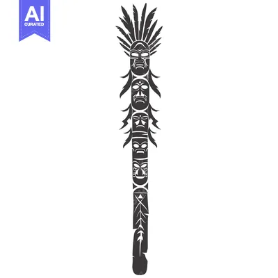 Aset desain premium: Black and White Totem Pole with Feathers and Carved Faces