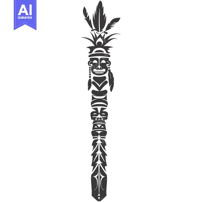 Aset desain premium: Black and white stylized totem pole with a human face