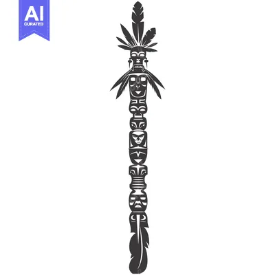 Aset premium populer: A Black and White Illustration of a Totem Pole with Multiple Carved Fa