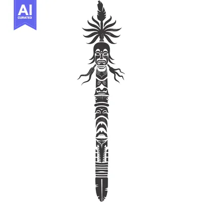 Aset desain premium: A Tall, Ornate Totem Pole With Carved Faces and Feather Decoration