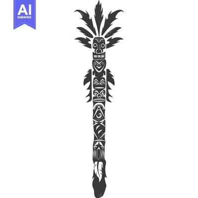 Black and White Totem Pole with Feathers and Carved Faces