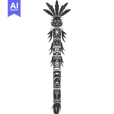 Premium design asset: Black and White Illustration of a Totem Pole with Multiple Faces and F