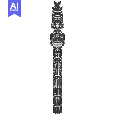 Aset desain premium: Black and White Silhouette of an Ornate Totem Pole with a Human Face