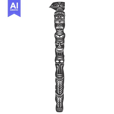 Aset desain premium: Black and White Illustration of a Carved Totem Pole with Multiple Face