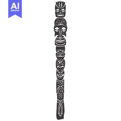 Aset desain premium: A Black and White Illustration of a Totem Pole with Multiple Carved Fa