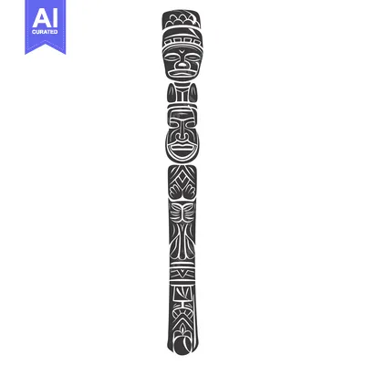 A Tall Totem Pole with Carved Human Faces and Designs