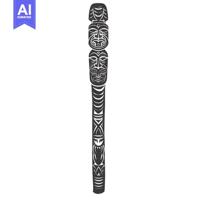 Tall Totem Pole with Carved Faces and Geometric Designs
