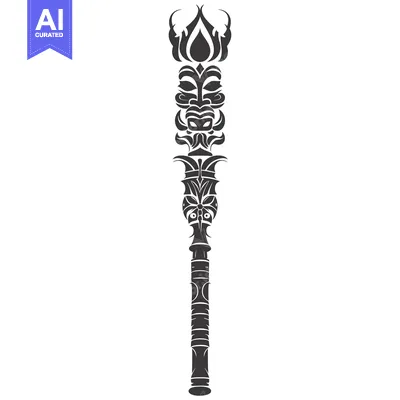Premium design asset: Ornate Staff with Floral and Face Motifs