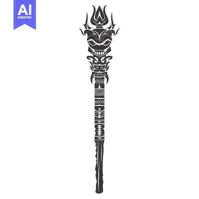 Aset premium populer: Ornate Tribal Staff with Carved Face and Geometric Designs