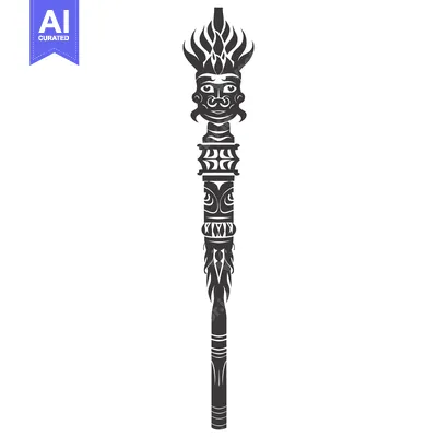 Ornate Totem Pole with Carved Face and Flame Design
