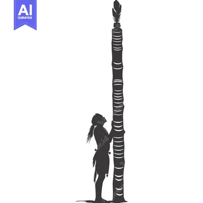 Aset desain premium: Silhouette of a Native American Person Standing Beside a Tall Totem Po