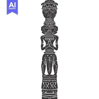 Premium design asset: A black and white illustration of a carved wooden totem pole