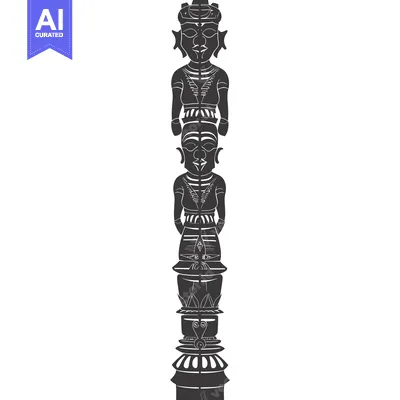 Black and White Illustration of a Tall Totem Pole with Three Humanoid