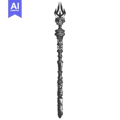 Ornate Black And White Staff With Flaming Top
