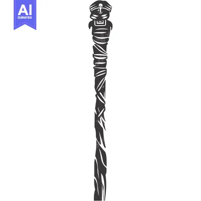 Aset desain premium: A Black and White Illustration of a Mummified Staff with a Head
