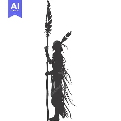 Aset desain premium: Silhouette of a Native American Warrior Holding a Spear