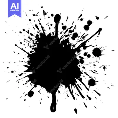 Aset desain premium: Black Ink Splotch with Drips and Smaller Splashes on White Background