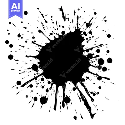 Aset desain premium: Black Ink Splotch with Drips and Dots on White Background