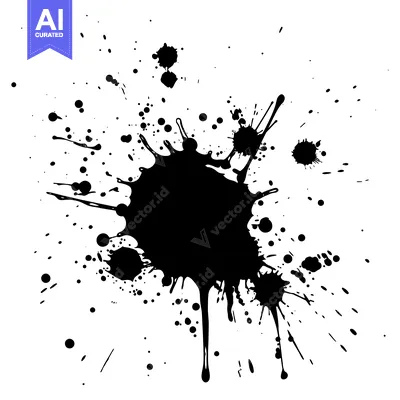 Aset desain premium: Black Ink Splatter with Droplets on White Background