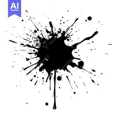 Premium design asset: Black Ink Splotch with Dripping Trails and Scattered Drops