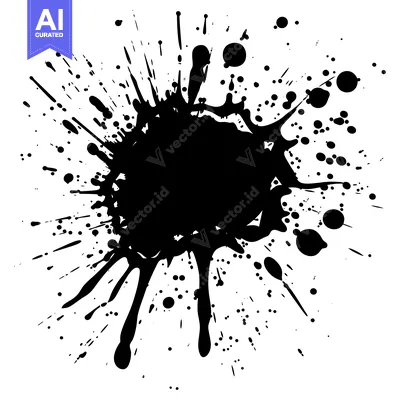 Black Ink Splotch with Scattered Droplets on a White Background