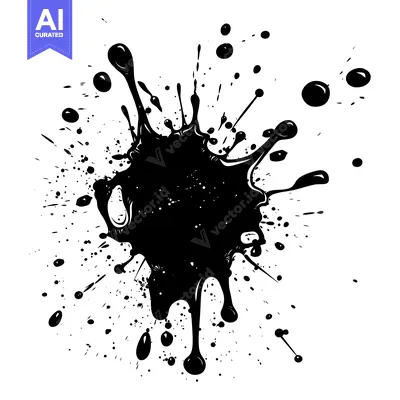 Aset desain premium: A Black Ink Splatter with Drops and Splashes on a White Background