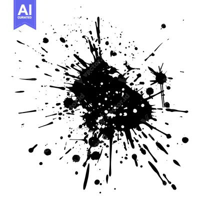 Aset desain premium: Black Ink Splotch with Droplets and Splashes on White Background