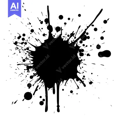Aset desain premium: Black Ink Splotch with Droplets and Drips on a White Background
