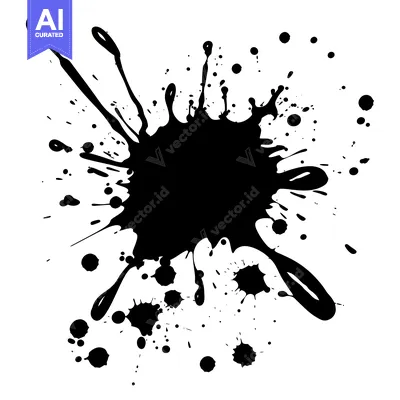Aset desain premium: A large black ink splatter with smaller droplets scattered around it.