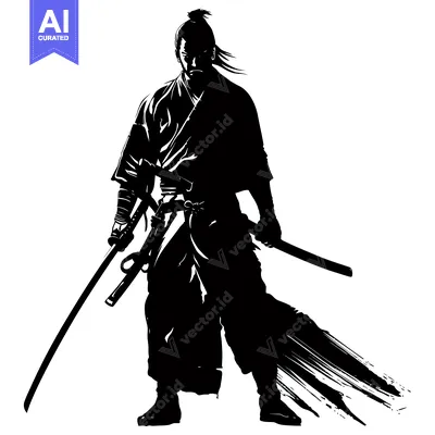 Aset desain premium: Silhouette of a Samurai Warrior Holding Two Swords