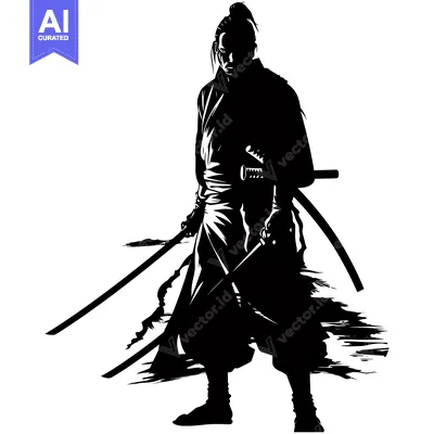 Premium design asset: Silhouette of a Japanese Samurai Warrior with Two Swords