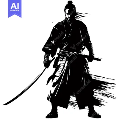 Aset premium populer: A Silhouetted Samurai Warrior Holding a Katana Sword
